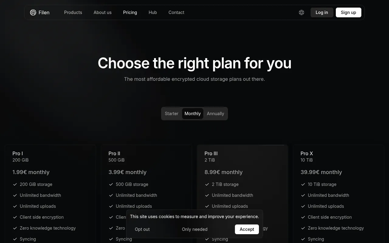 Filen pricing page, end-to-end encrypted cloud storage from Germany