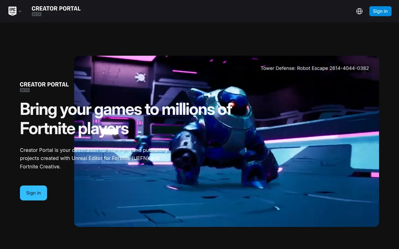 Fortnite Creator Portal official page for UEFN developers
