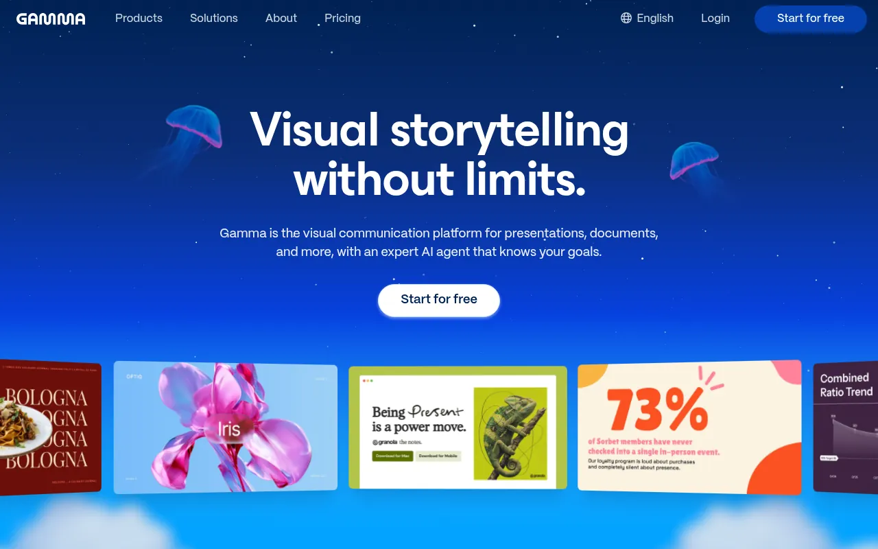 Gamma official homepage, an AI presentation maker for decks, docs and websites