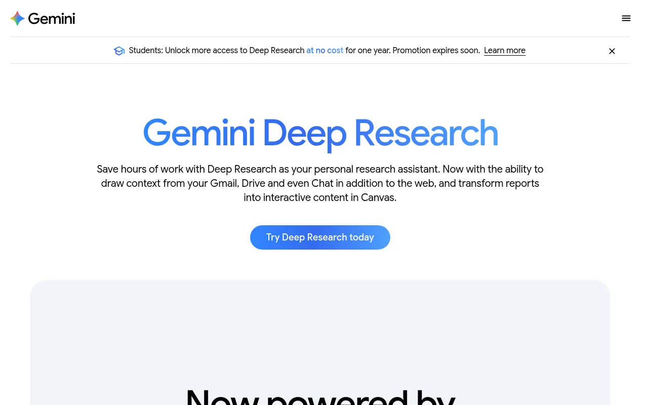 Gemini Deep Research page, Google's AI research assistant