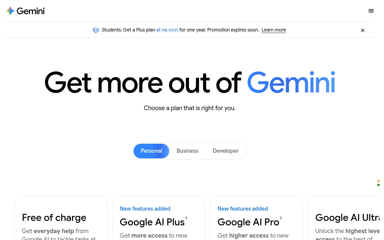 Gemini subscriptions page in India with the student offer for a free Google AI Plus plan
