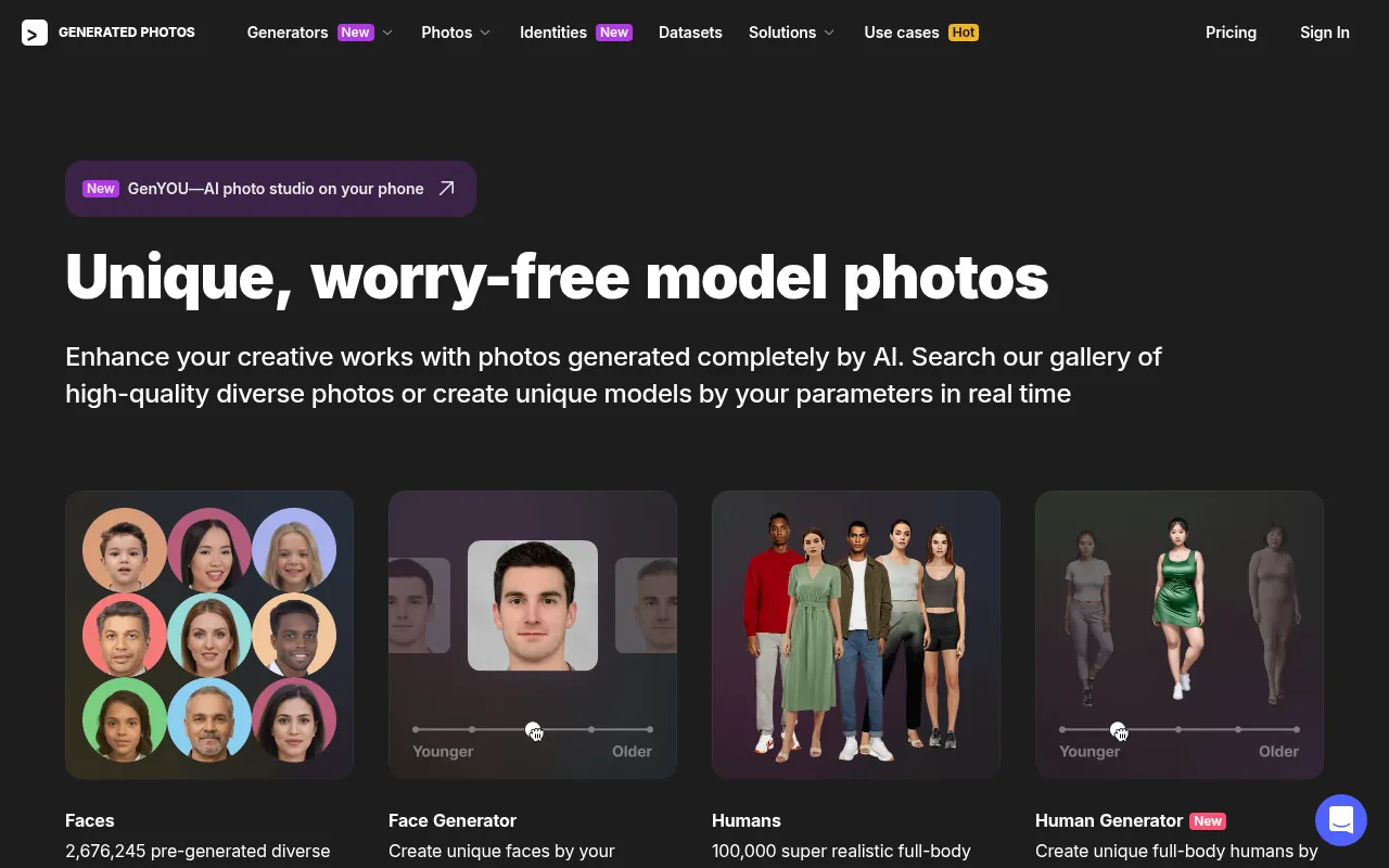 Generated Photos official homepage with AI faces