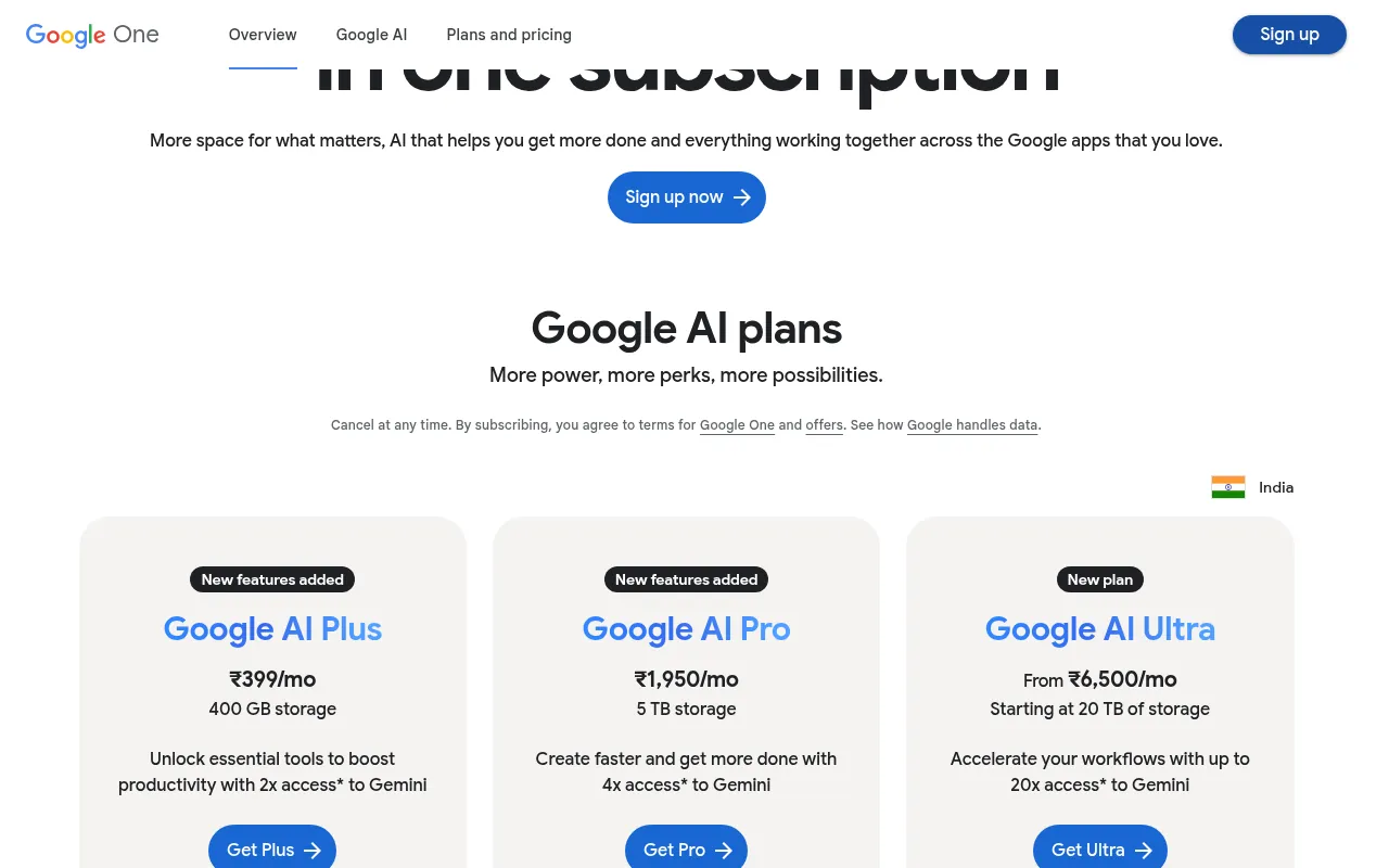 Google AI plans in India: Google AI Plus, Google AI Pro and Google AI Ultra cards on the official site