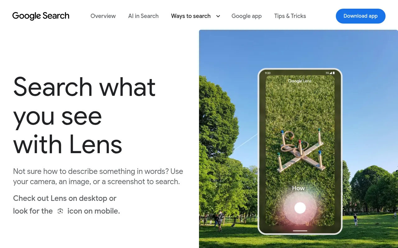 Google Lens official page, a free AI visual search app