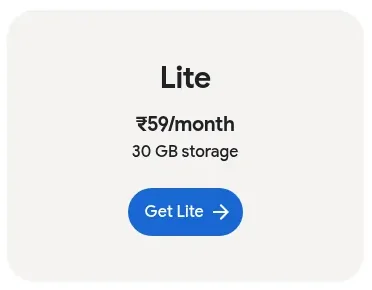 Google One Lite 30 GB plan at ₹59 per month on the official Google One page