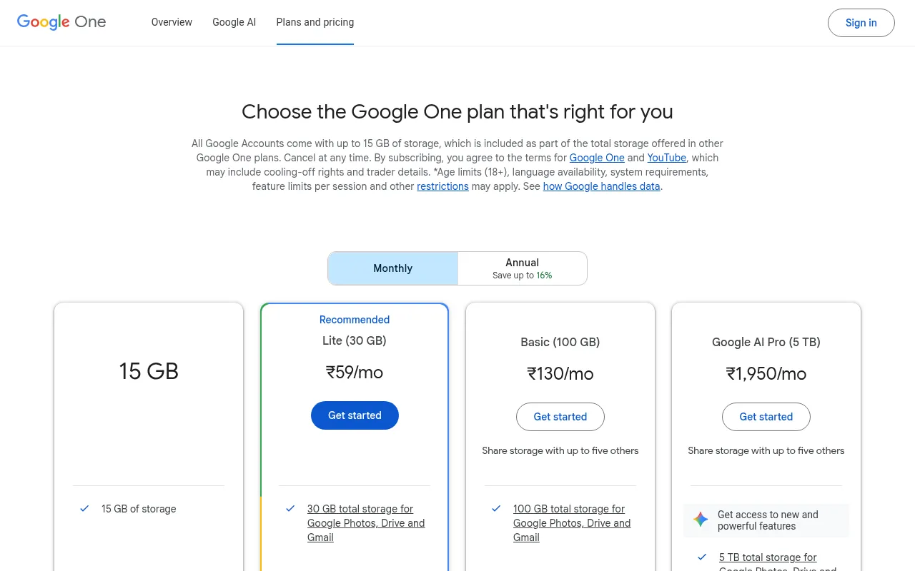 Google One plans and pricing page in India showing monthly prices for Lite, Basic and Google AI Pro