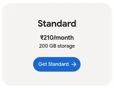 Google One Standard 200 GB plan at ₹210 per month on the Google storage plans section