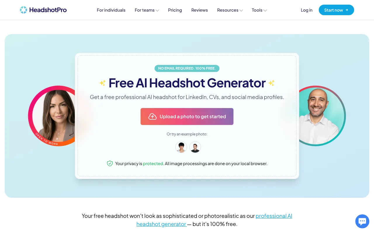 HeadshotPro free AI headshot generator page