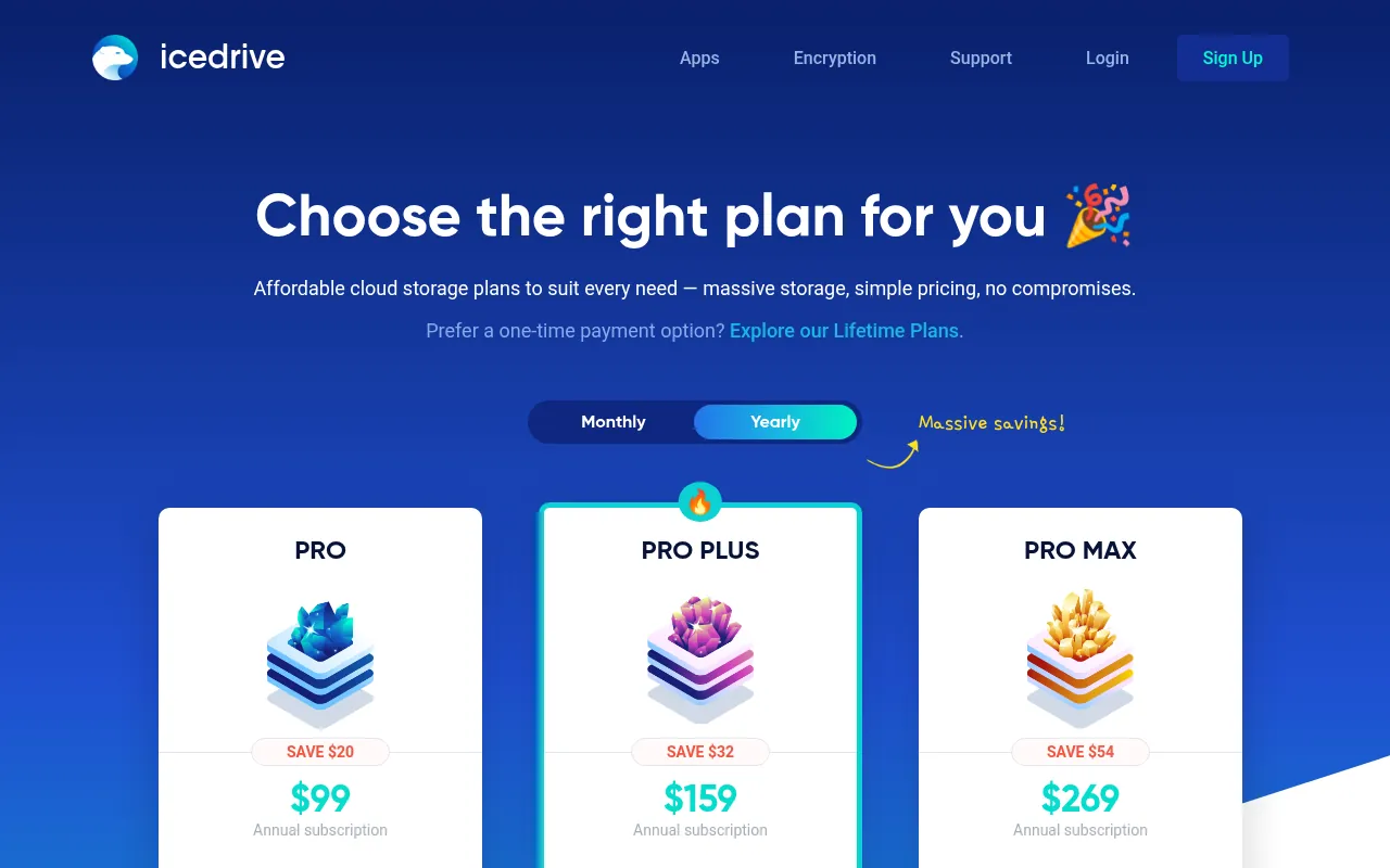 Icedrive plans page showing the 10 GB free plan and Pro pricing