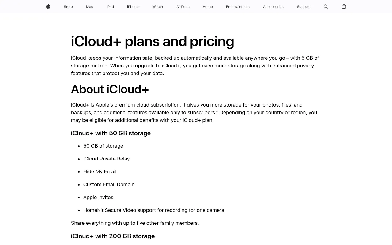 Apple Support page listing iCloud+ plans and prices in India