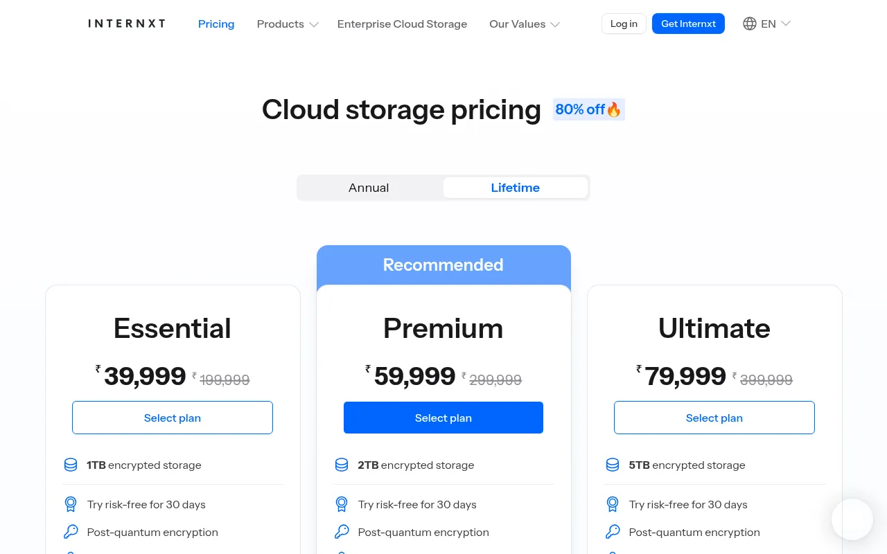 Internxt pricing page offering 1 GB of free encrypted cloud storage
