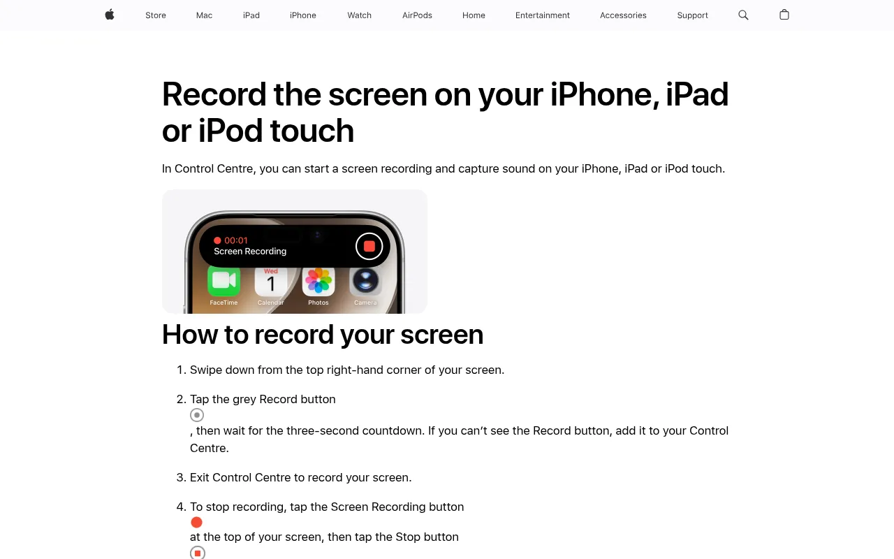 Apple Support page explaining how to record the screen on iPhone and iPad