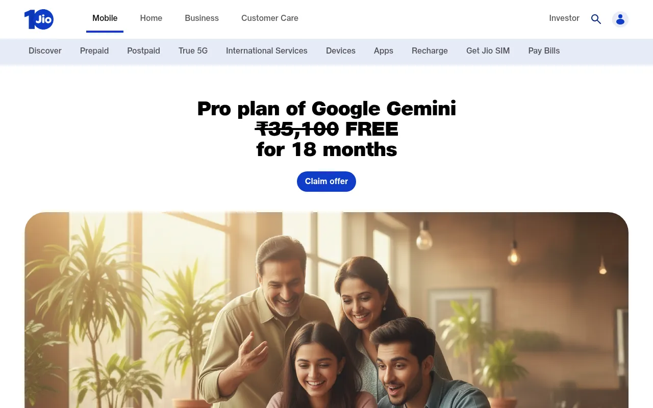 Jio Google Gemini offer page showing the Google AI Pro plan worth ₹35,100 free for 18 months