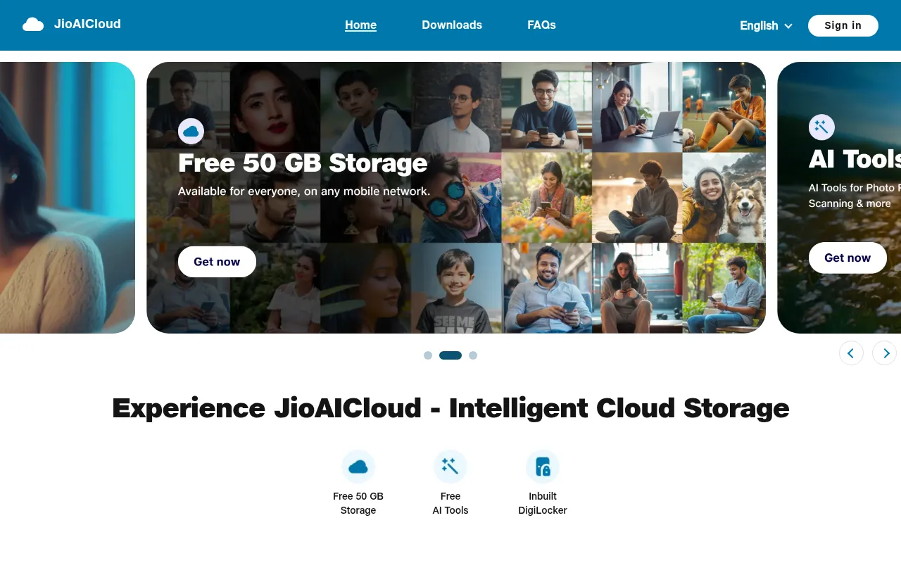 JioAICloud official homepage offering 50 GB of free cloud storage in India