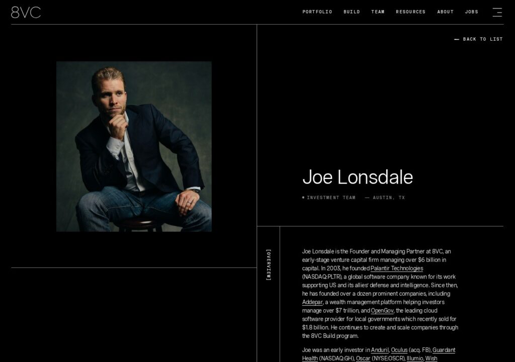 Joe Lonsdale profile page on the official 8VC website, the venture firm that adds to Joe Lonsdale net worth