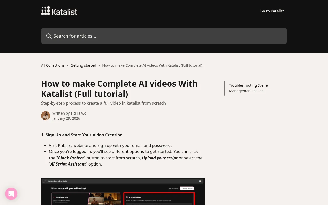 Katalist help center tutorial for making AI videos