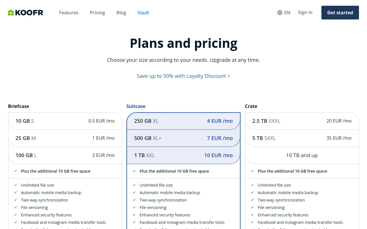 Koofr pricing page showing the free 10 GB plan