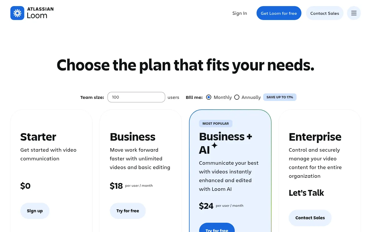 Loom pricing page showing the free Starter plan limits for screen recording