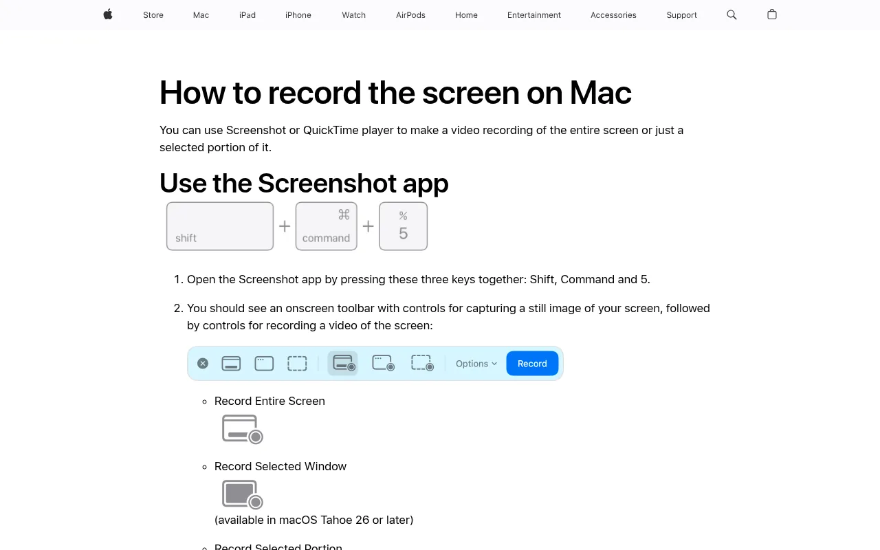 Apple Support page explaining how to record the screen on Mac with Screenshot and QuickTime