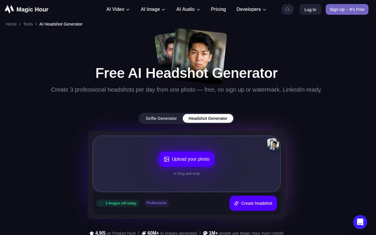 Magic Hour free AI headshot generator page