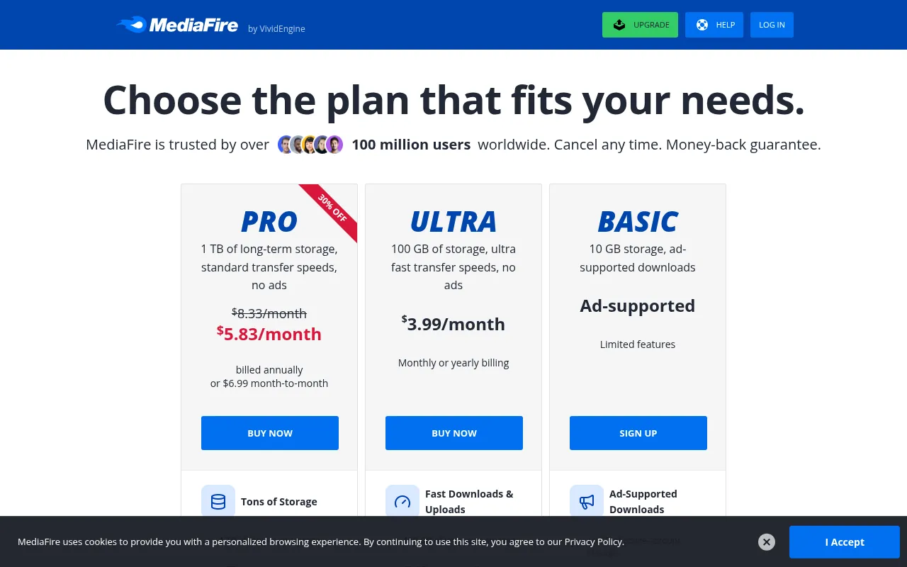 MediaFire upgrade page showing the free 10 GB plan and paid plans