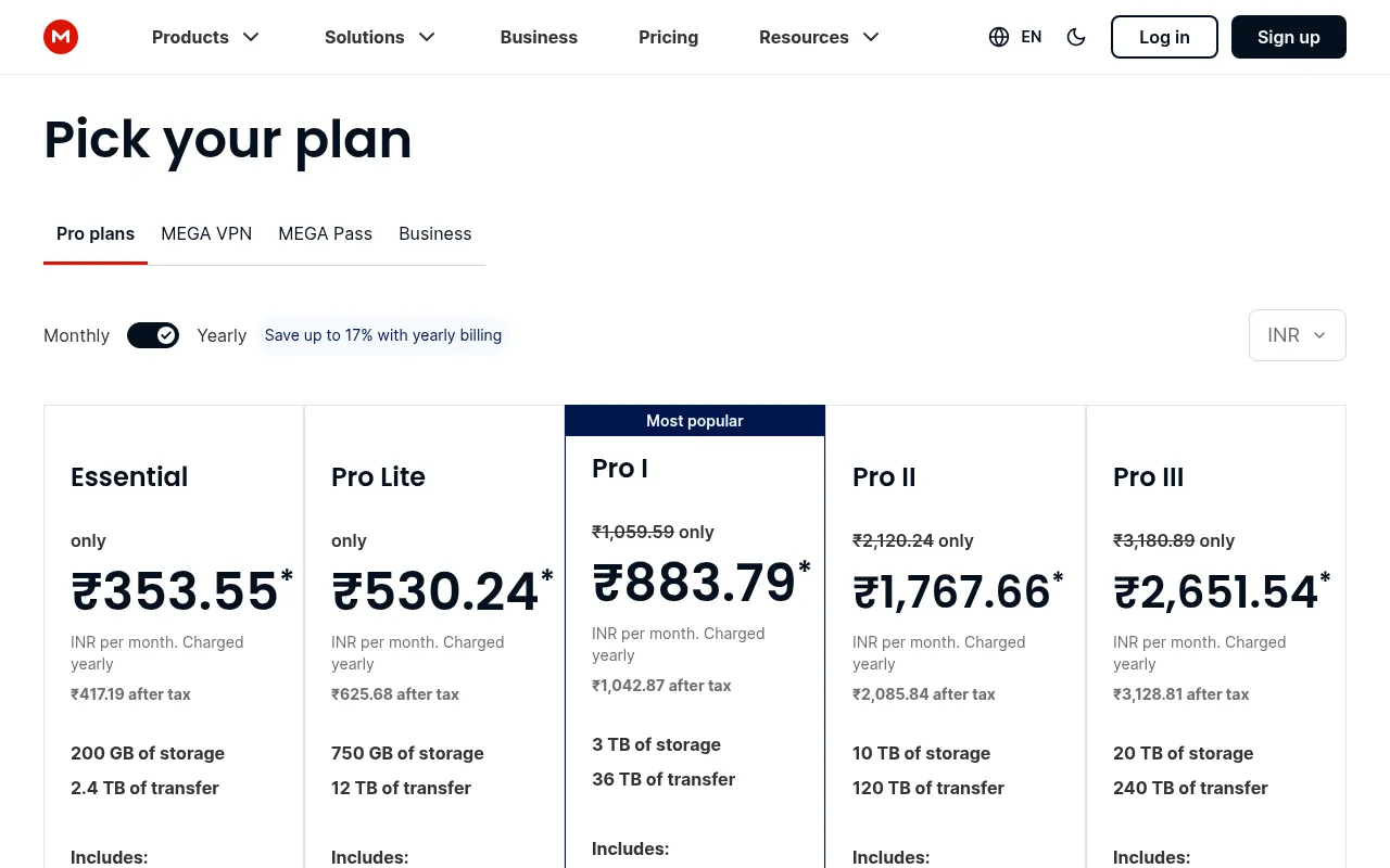 MEGA pricing page showing the 20 GB free cloud storage plan