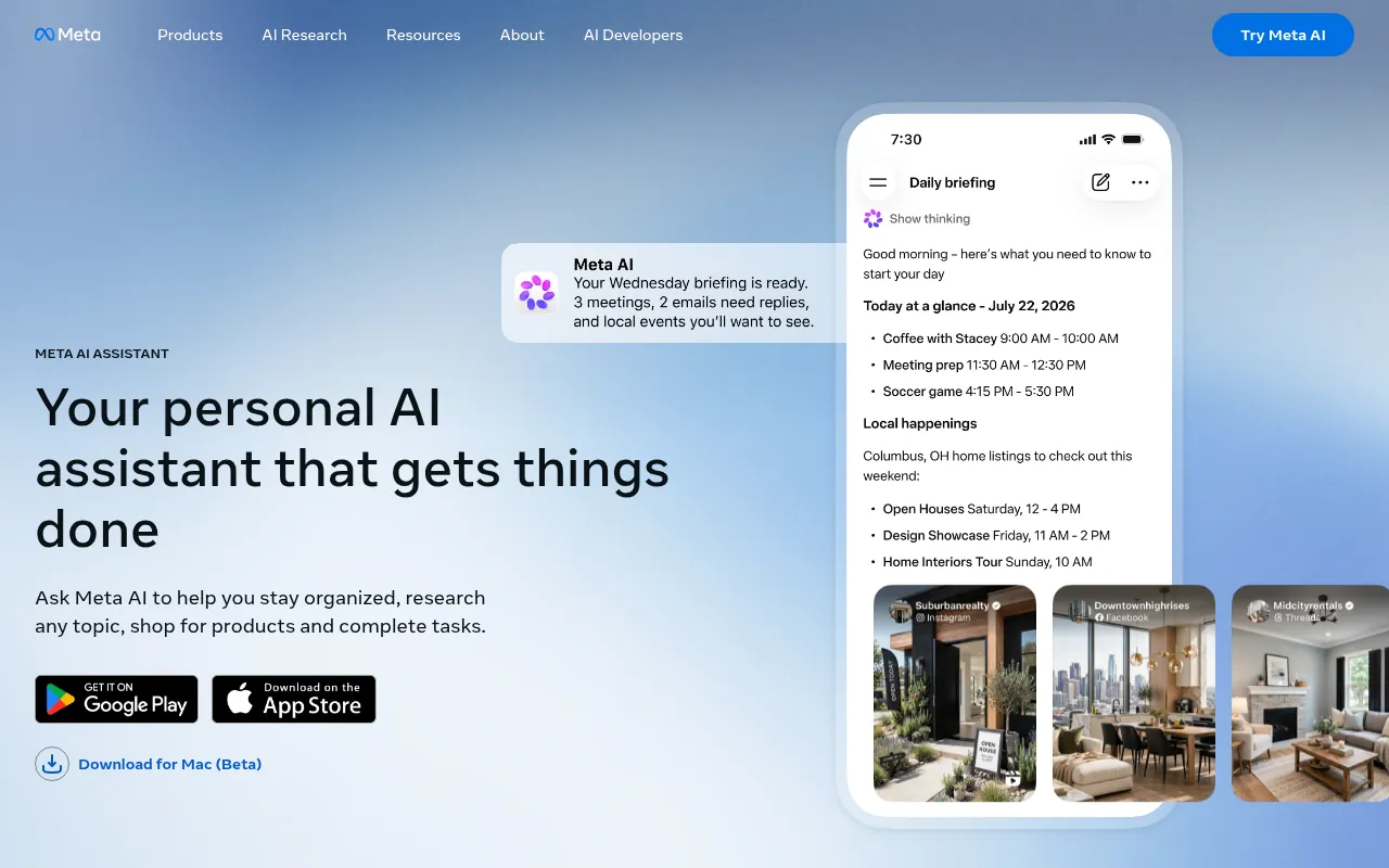 Meta AI official page, the free AI inside WhatsApp