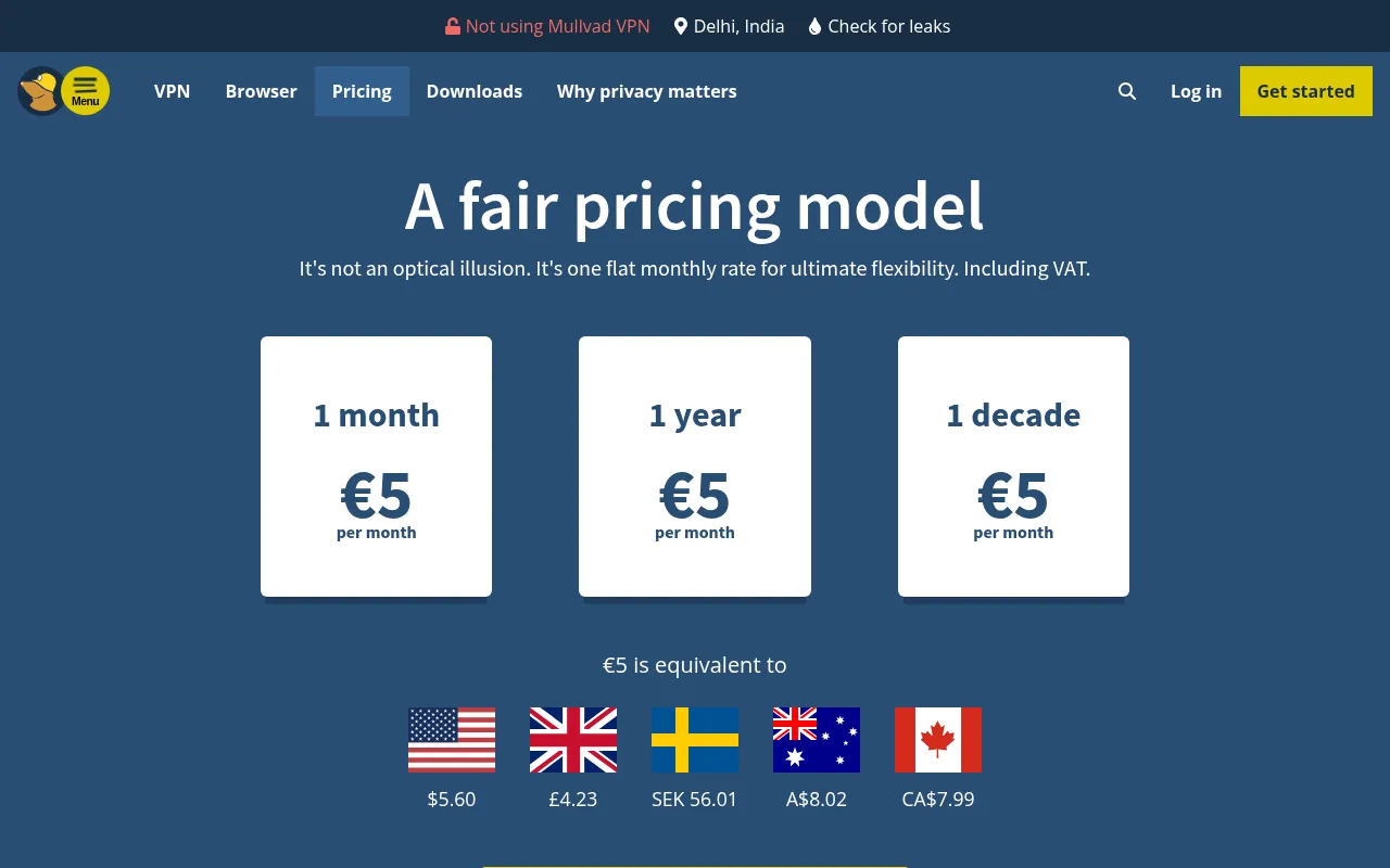 Mullvad VPN pricing page showing the flat €5 monthly price