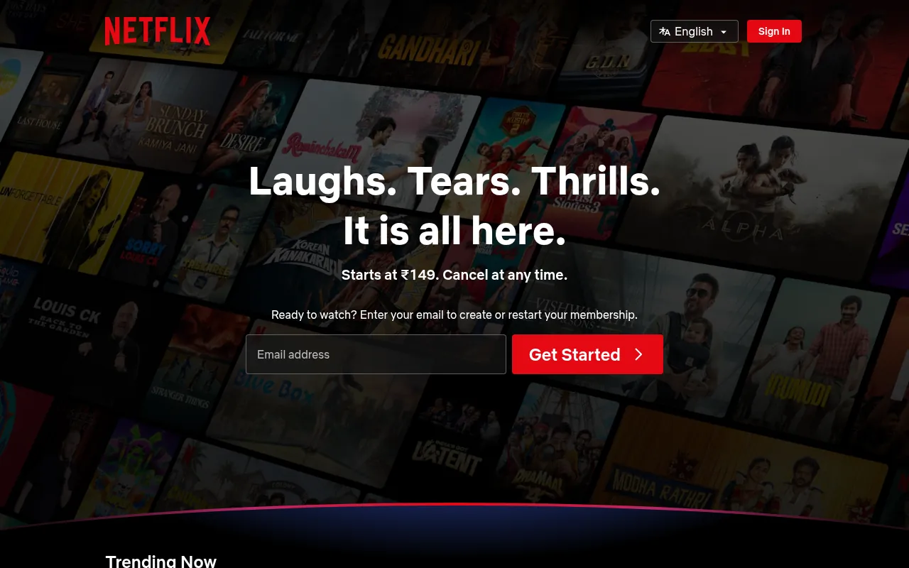 Netflix India homepage showing plan prices in rupees