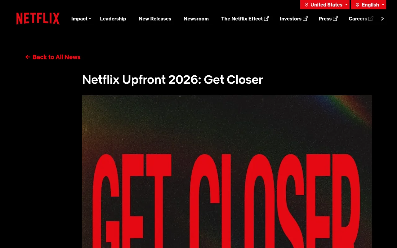 Netflix Upfront 2026 announcement on About Netflix