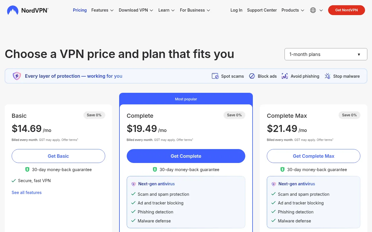 NordVPN 1-month plans: Basic at US$14.69, Complete at US$19.49 and Complete Max at US$21.49