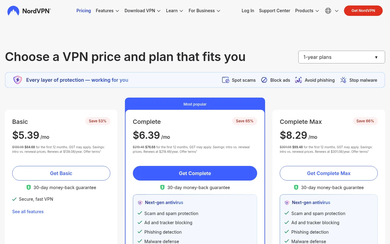 NordVPN 1-year plans in India: Basic at US$5.39, Complete at US$6.39 and Complete Max at US$8.29 per month