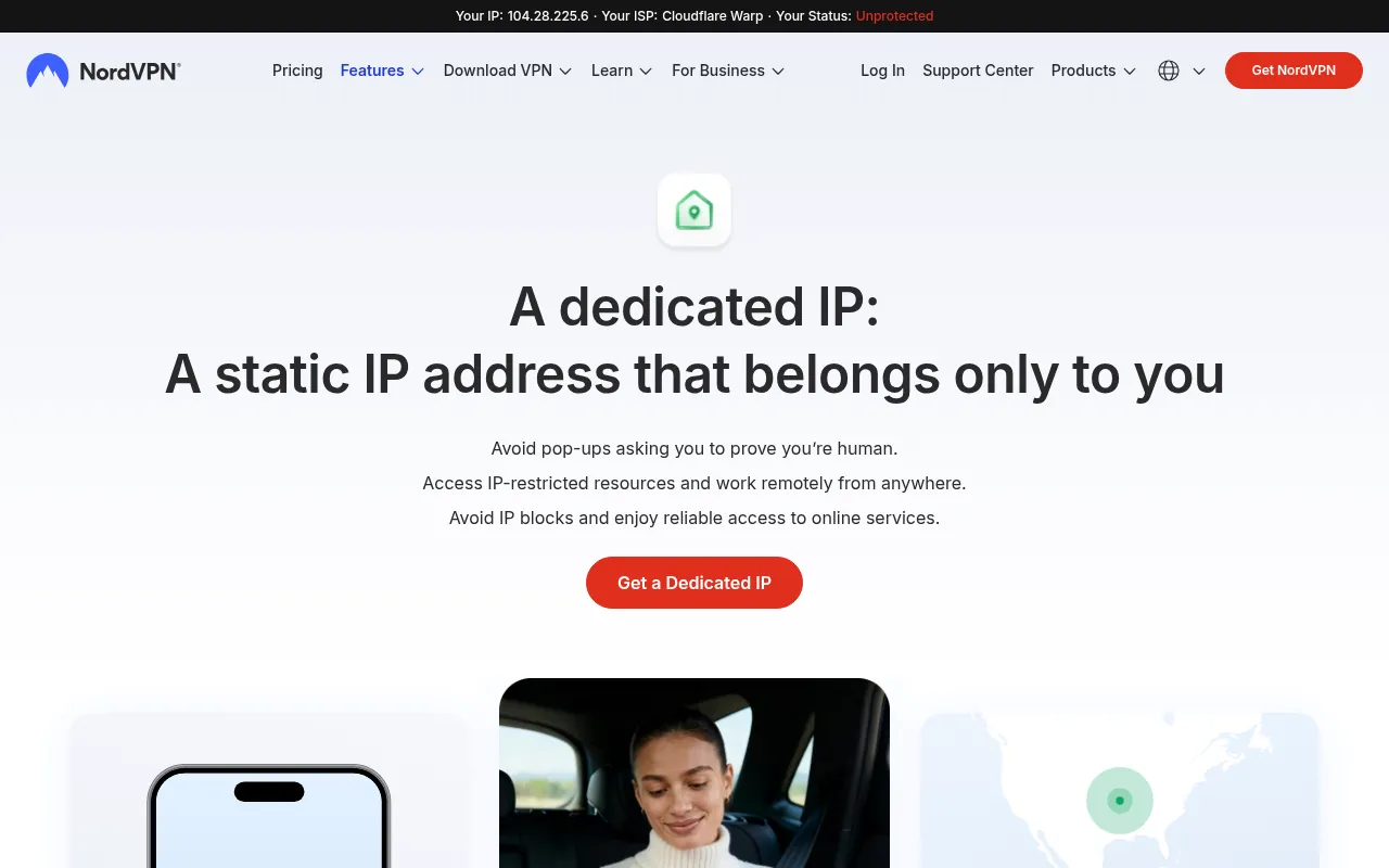 NordVPN Dedicated IP page offering a static IP address that only you use