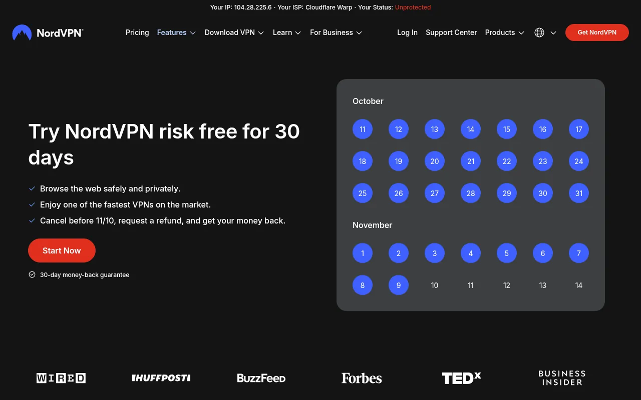NordVPN 30-day money-back guarantee page