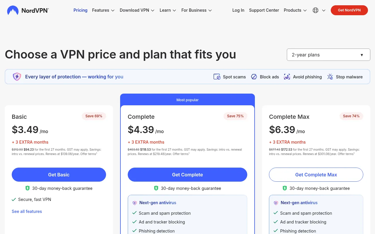 NordVPN pricing page in India showing 2-year Basic, Complete and Complete Max plans