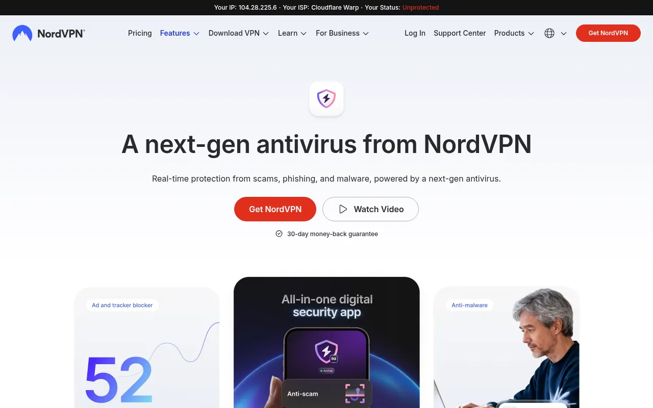 NordVPN Threat Protection page, the antivirus and anti-phishing layer included in the Complete plans