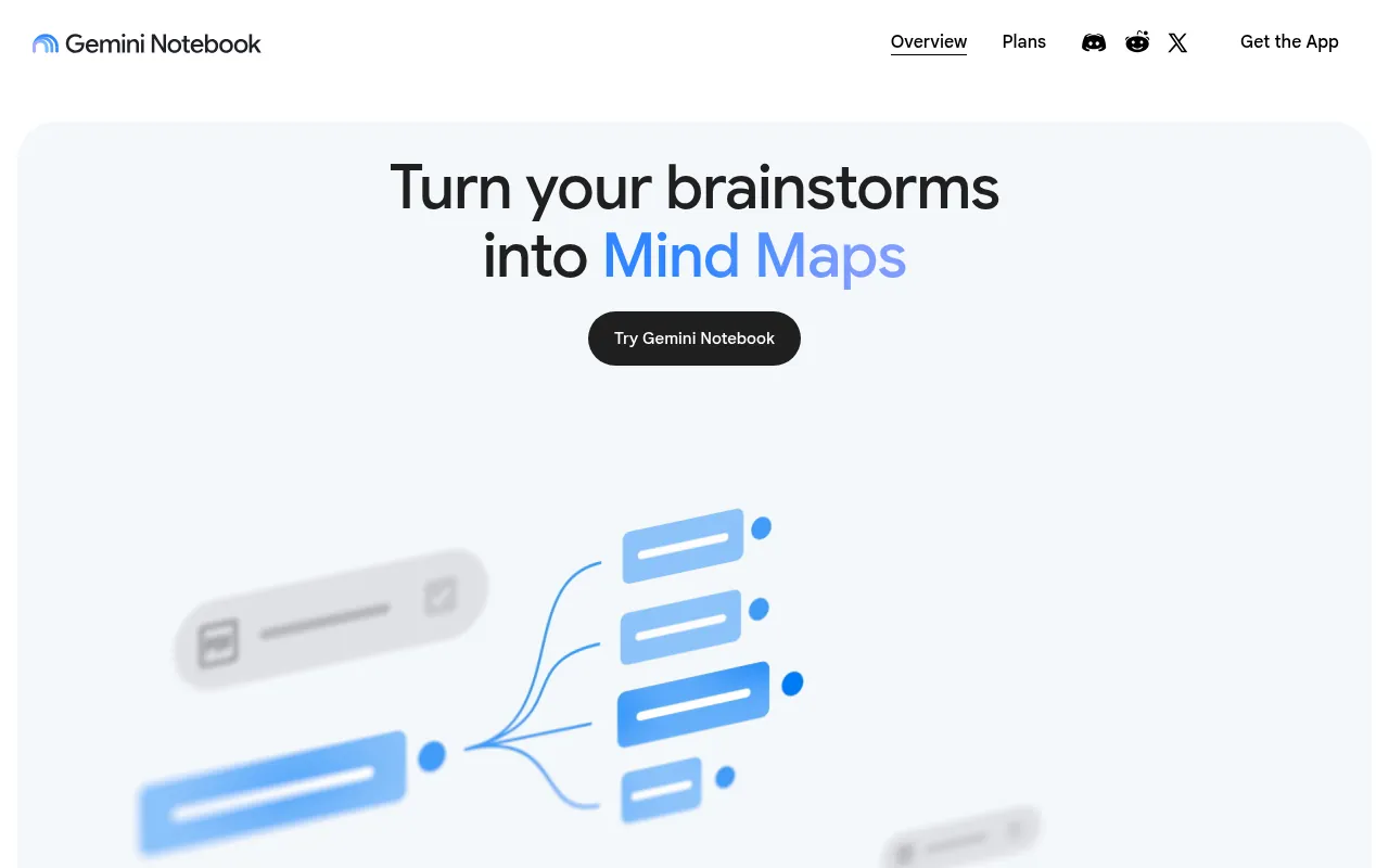 NotebookLM official homepage, now shown as Gemini Notebook, a free AI research assistant