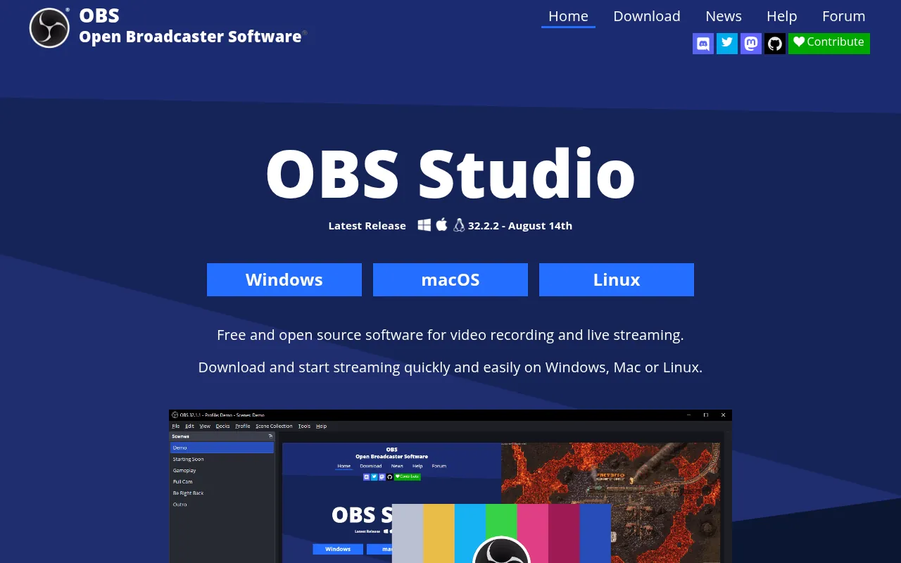 OBS Studio official homepage, the best free screen recorder for Windows, Mac and Linux