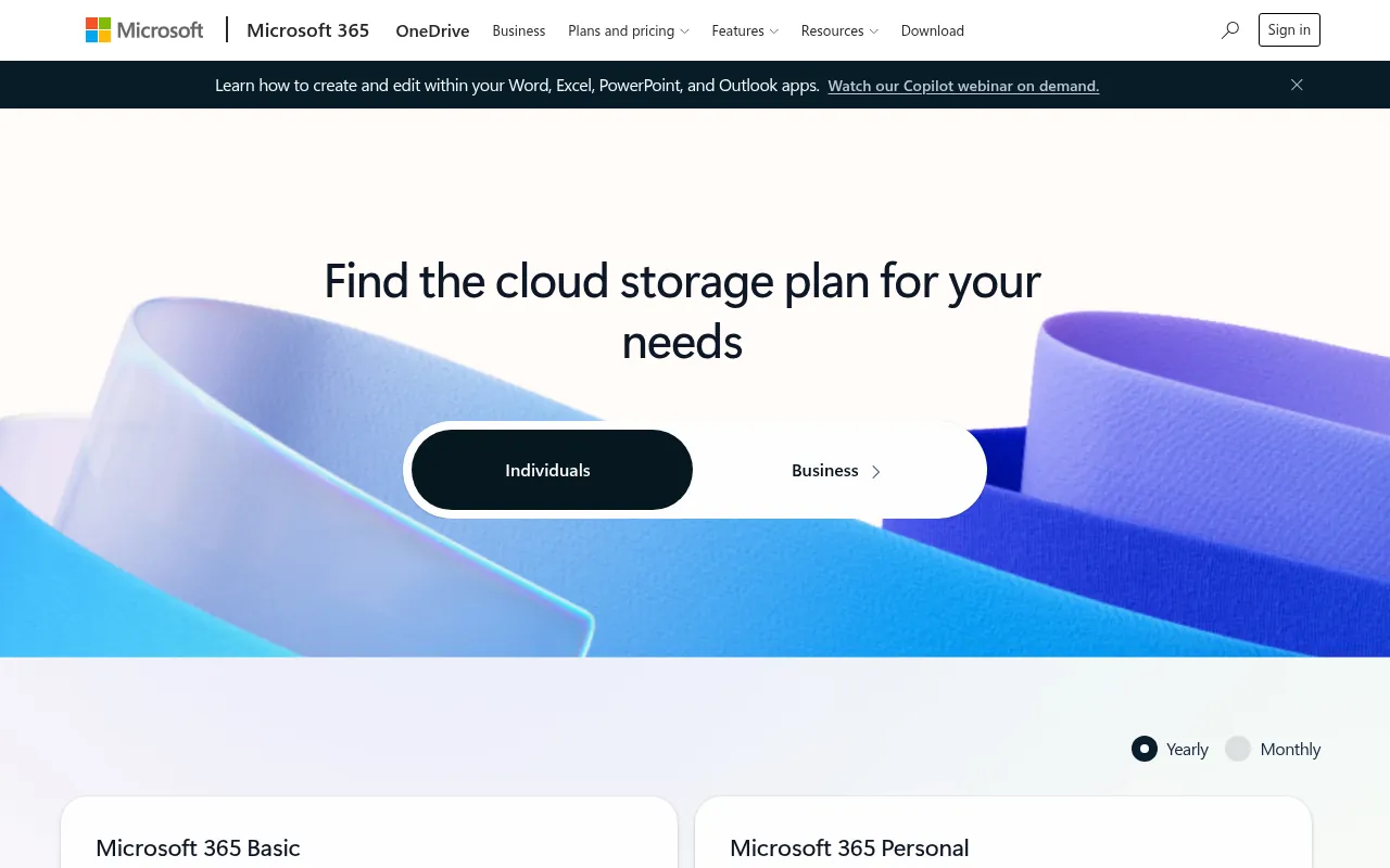 Microsoft OneDrive plans page in India showing free and paid cloud storage