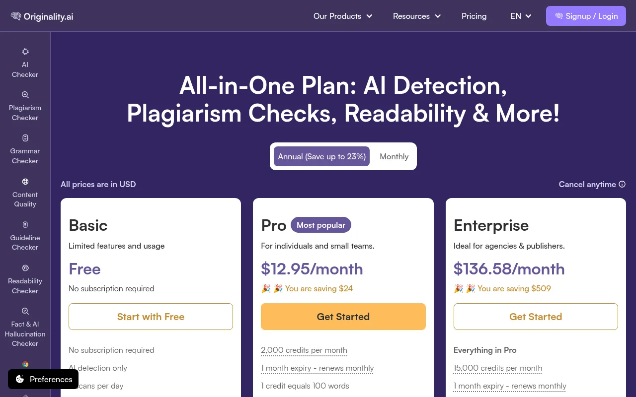 Originality.ai official pricing page with Pro and Enterprise plans