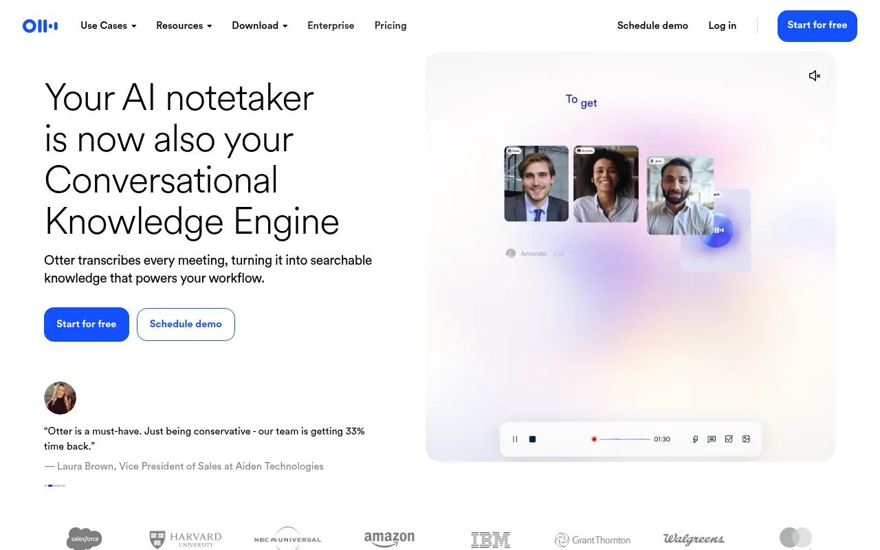 Otter.ai official homepage, a free AI meeting notes app
