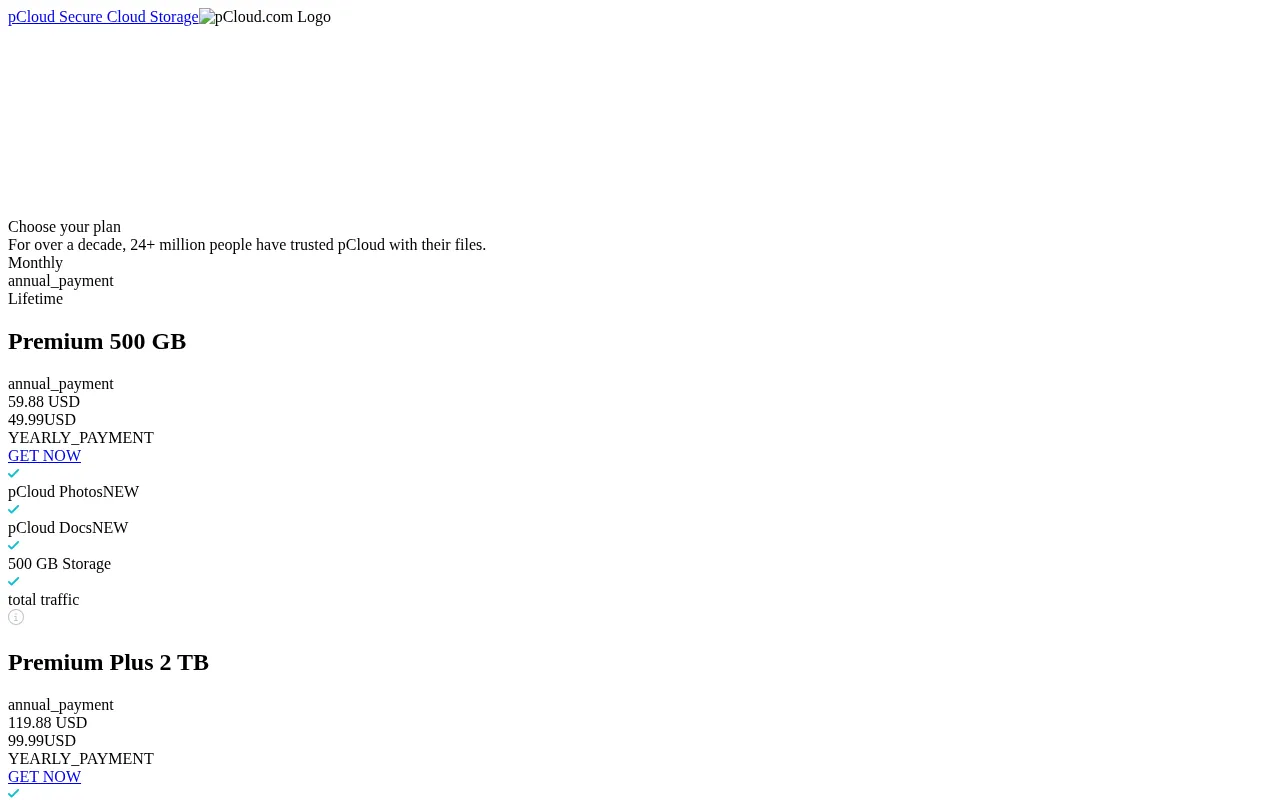 pCloud pricing page showing lifetime and subscription cloud storage plans
