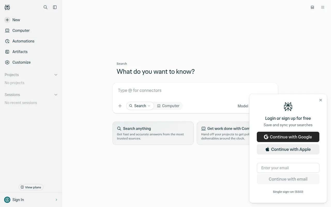 Perplexity official website, a free AI search app
