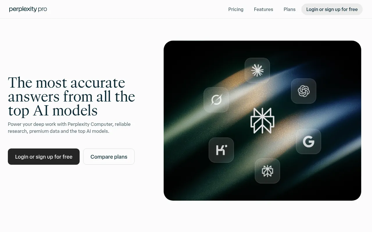 Perplexity Pro page, an AI search engine with cited sources for research