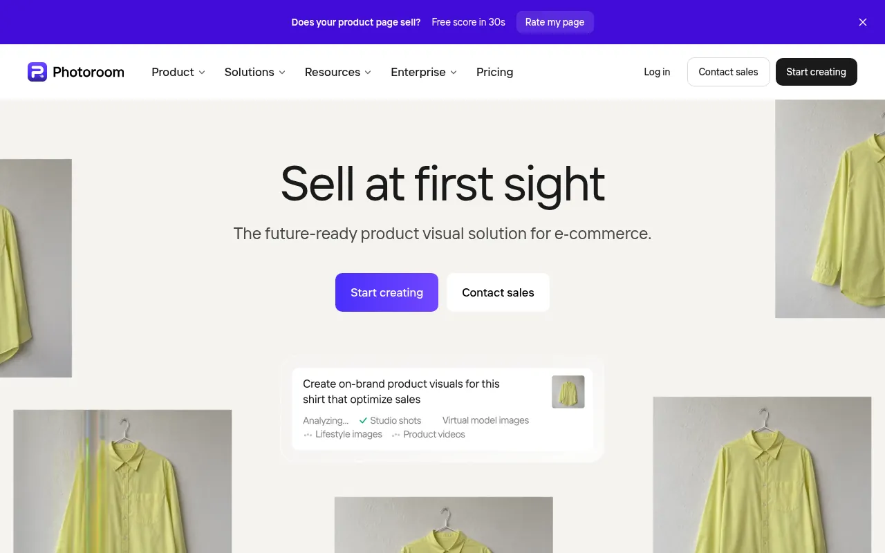 Photoroom official homepage for AI product photo editing