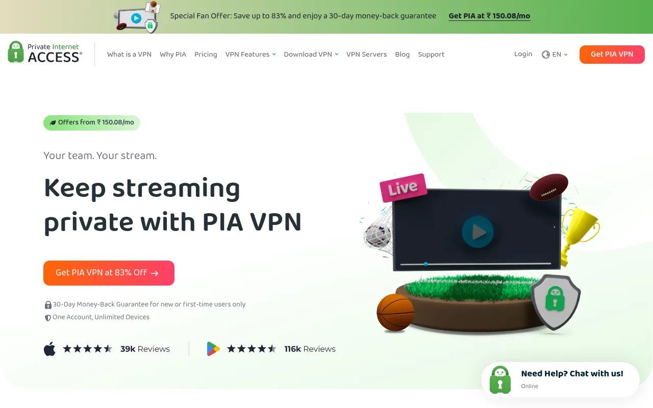 Private Internet Access (PIA) VPN official homepage as seen from India