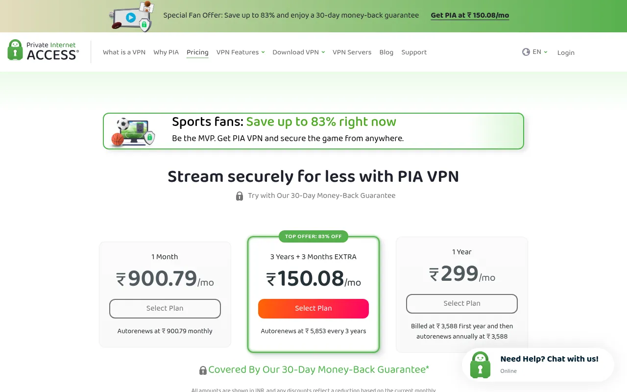 PIA VPN pricing page in India showing rupee prices