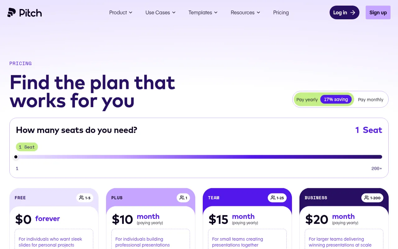 Pitch pricing page comparing Free, Plus, Team and Business