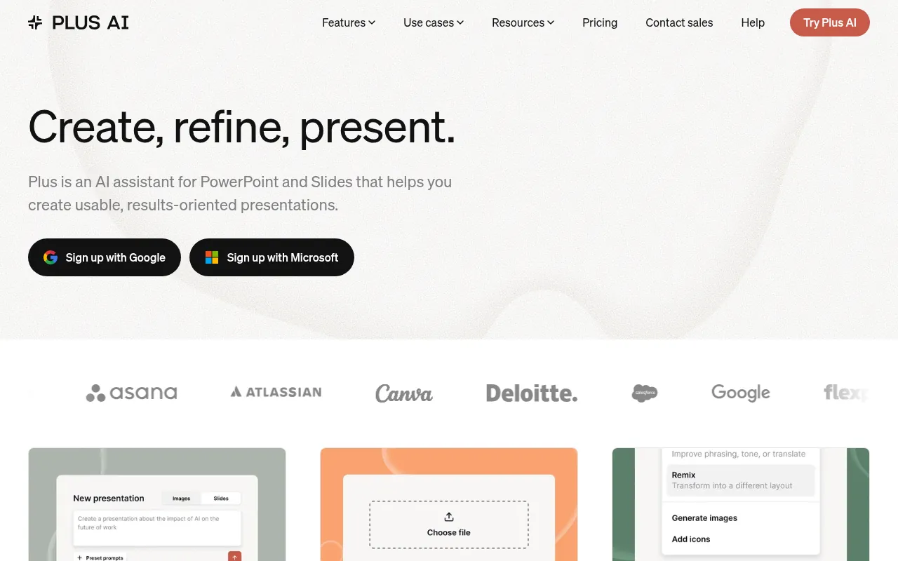 Plus AI official homepage, AI presentations inside Google Slides and PowerPoint