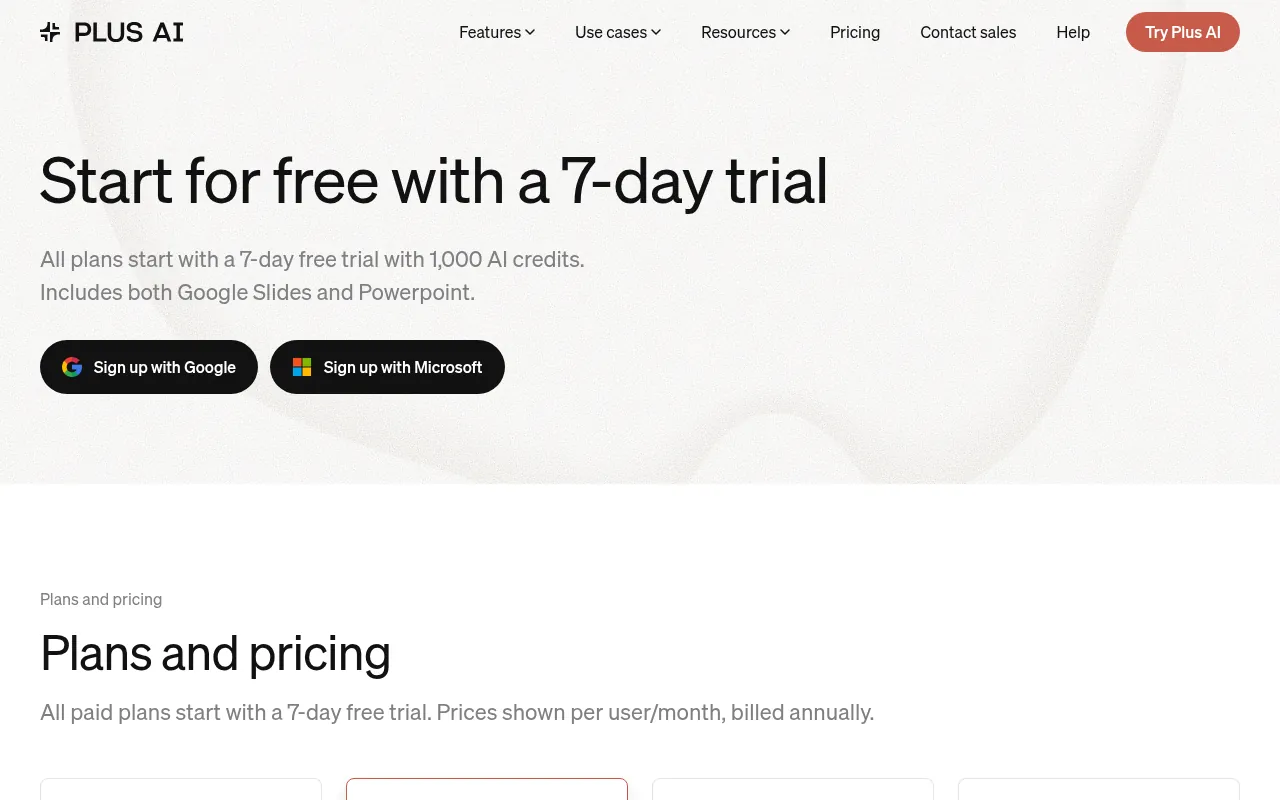 Plus AI pricing page with Basic, Pro, Team and Max plans
